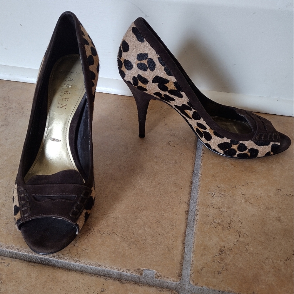 Lauren Ralph Lauren Calf Hair Leopard Print Peep Toe Heels Women's Size 7